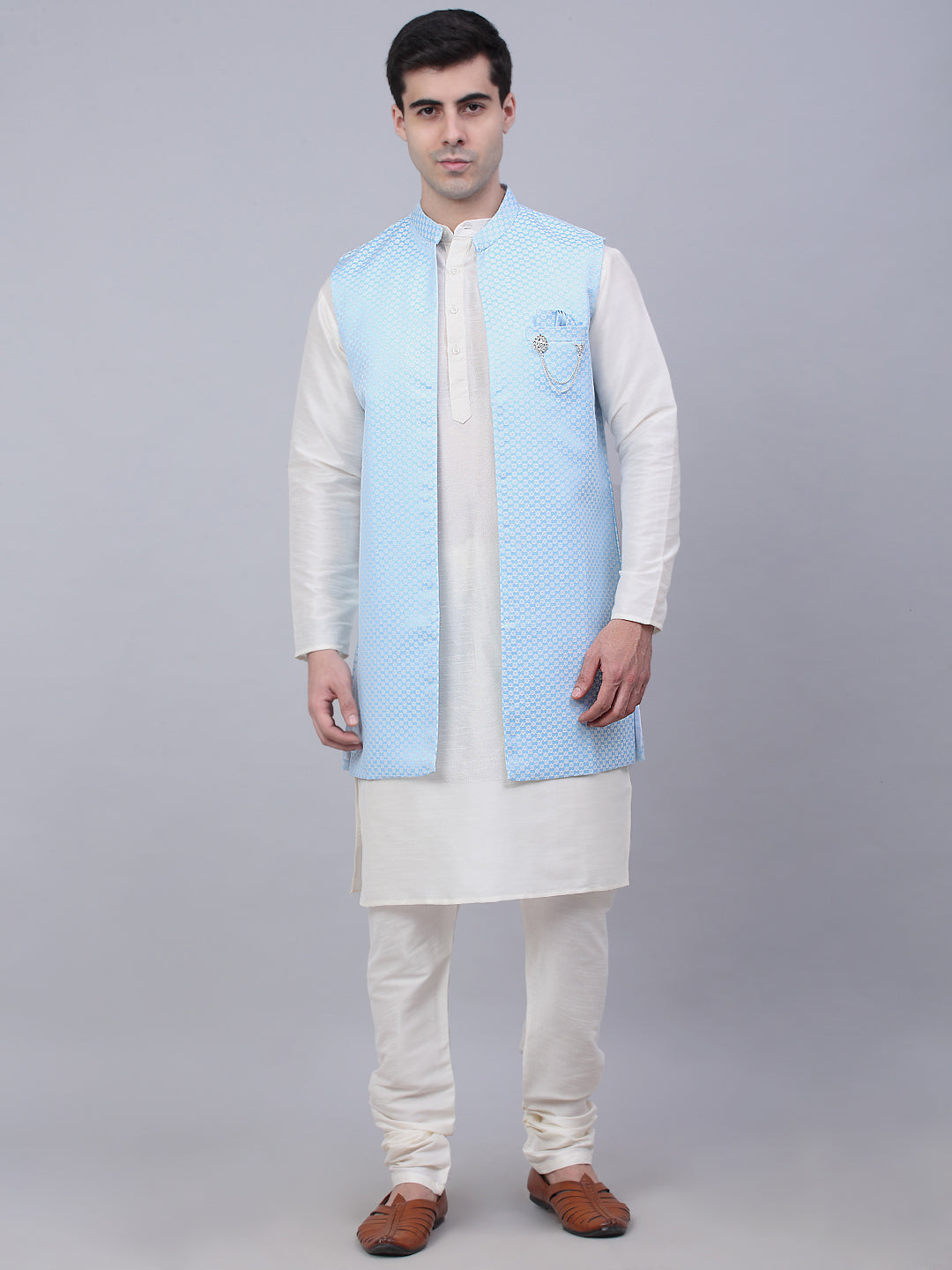 Jompers Men's Solid Kurta Pyjama With Shrug Jacket - Blue