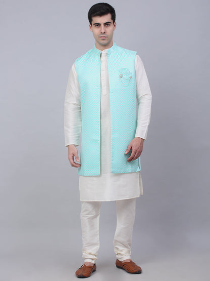 Jompers Men's Solid Kurta Pyjama With Shrug Jacket - Sky Blue