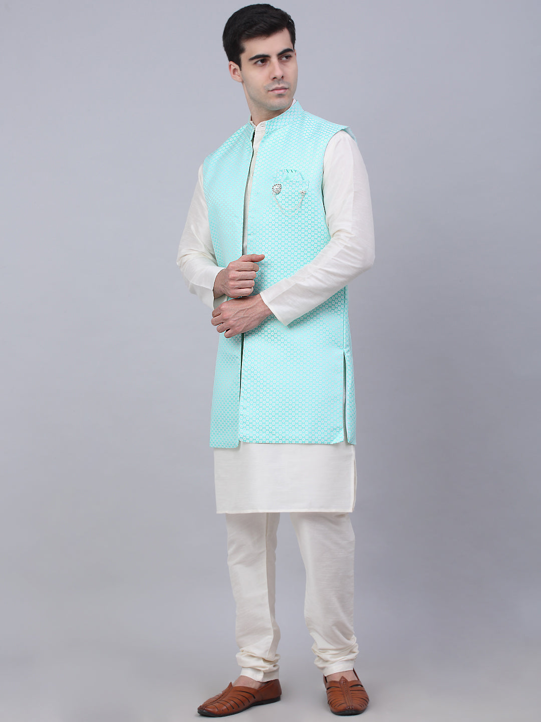 Jompers Men's Solid Kurta Pyjama With Shrug Jacket - Sky Blue