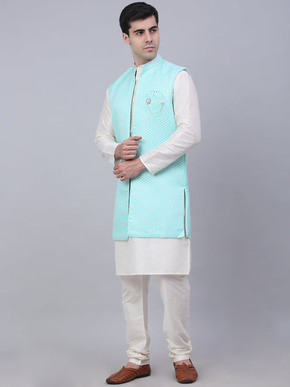 Jompers Men's Solid Kurta Pyjama With Shrug Jacket - Sky Blue