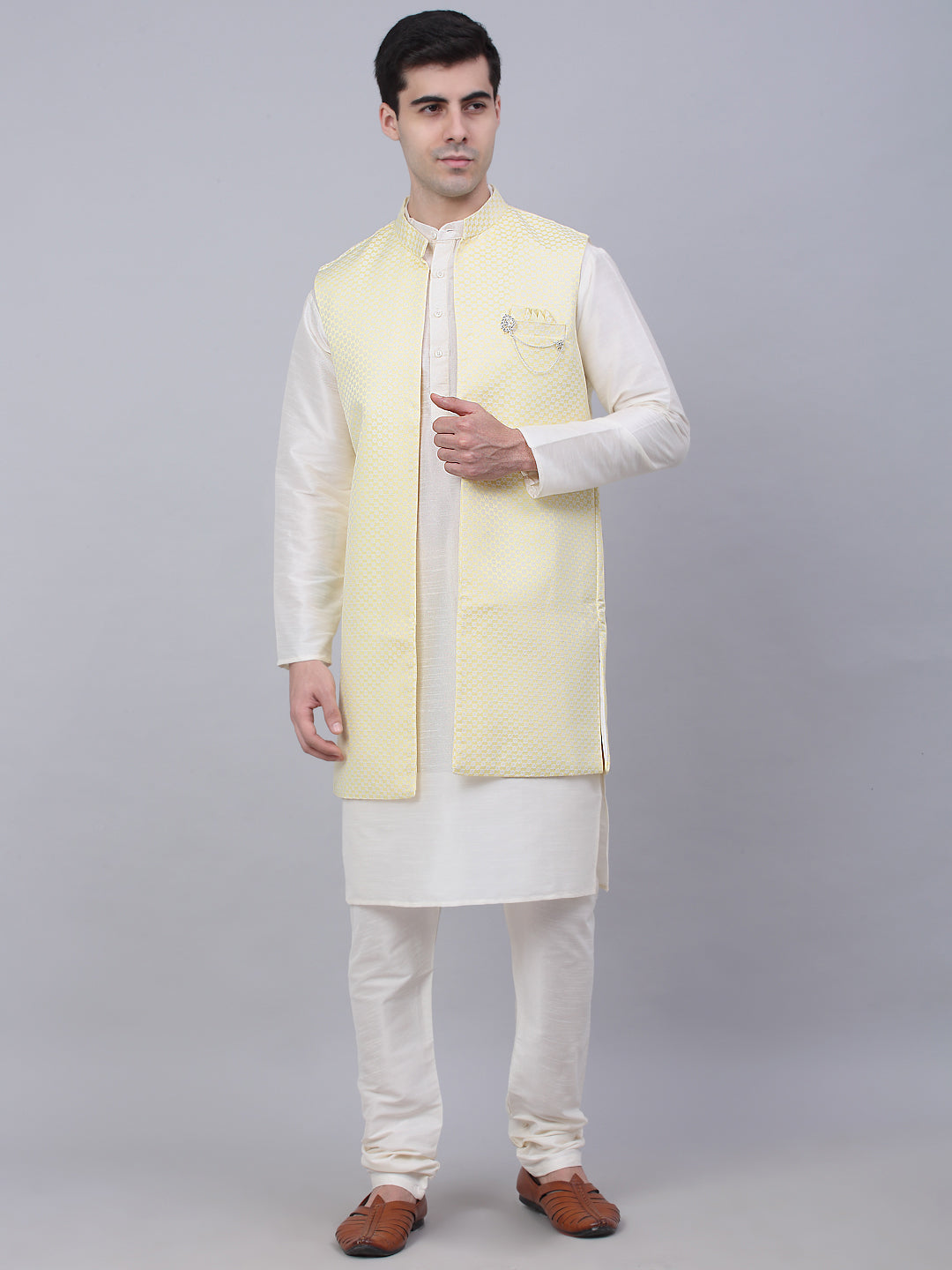 Jompers Men's Solid Kurta Pyjama With Shrug Jacket - Yellow