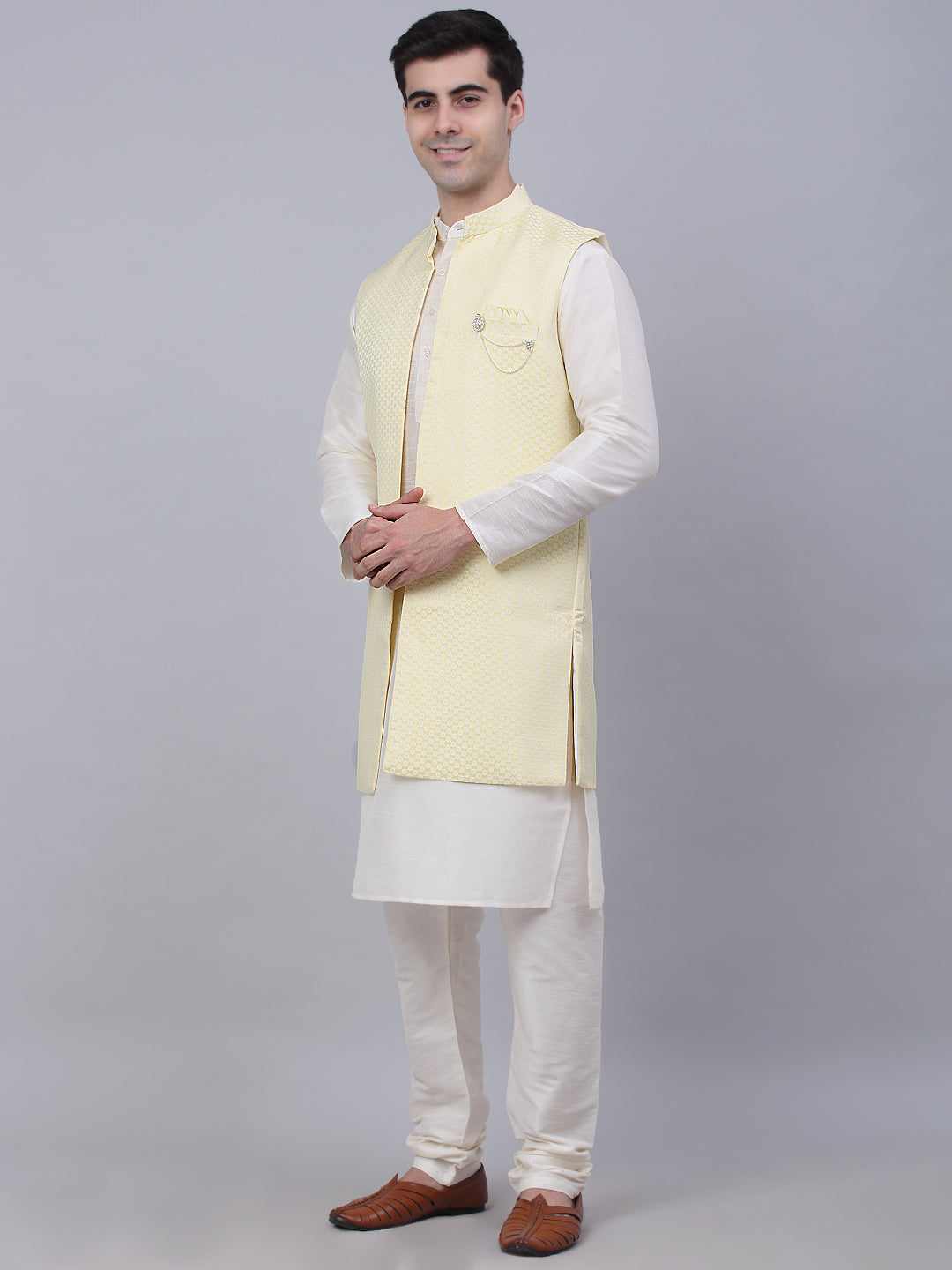 Jompers Men's Solid Kurta Pyjama With Shrug Jacket - Yellow