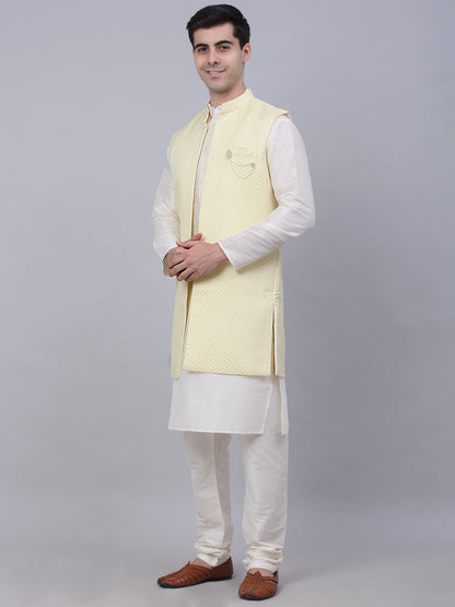 Jompers Men's Solid Kurta Pyjama With Shrug Jacket - Yellow