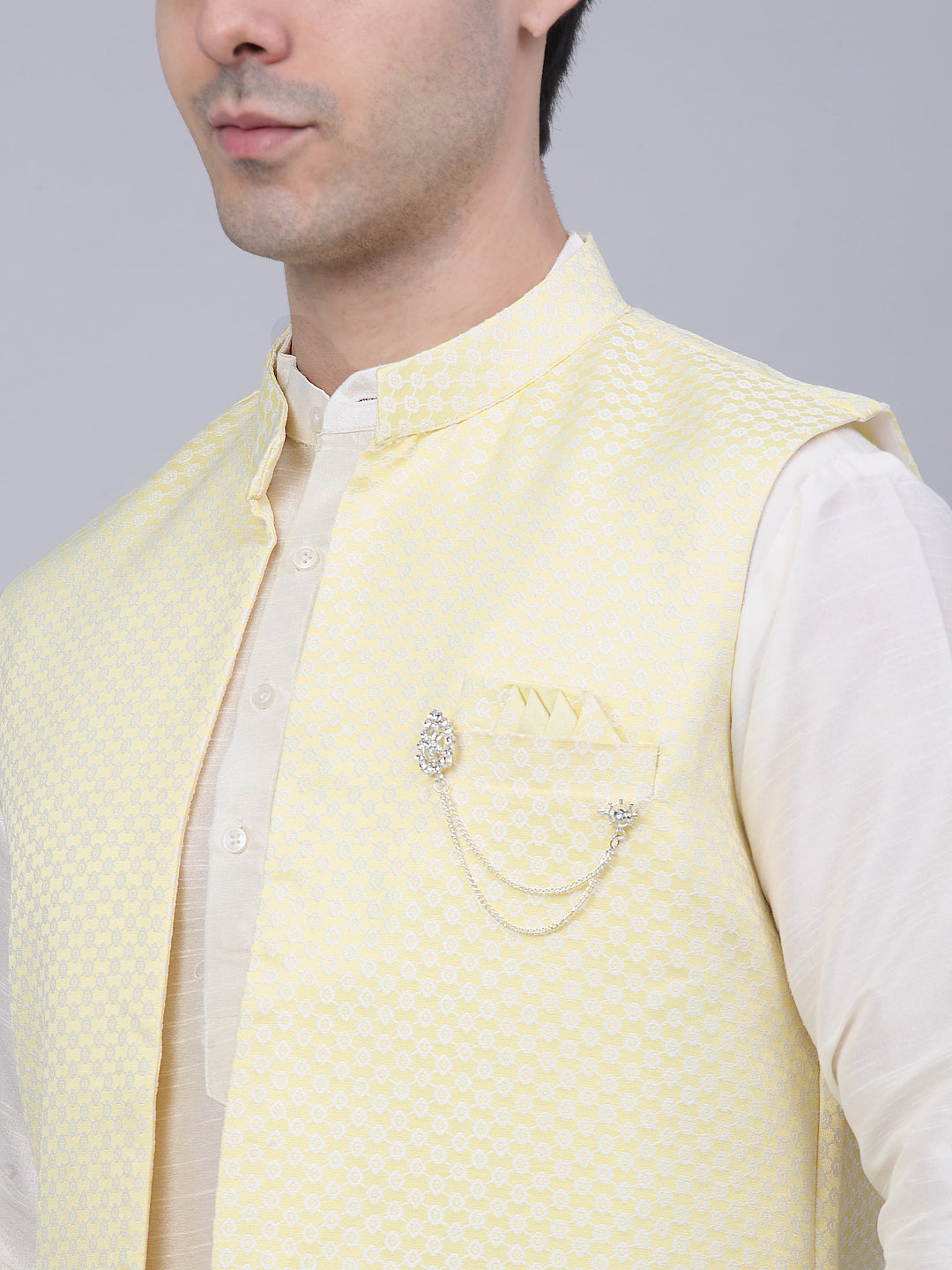 Jompers Men's Solid Kurta Pyjama With Shrug Jacket - Yellow