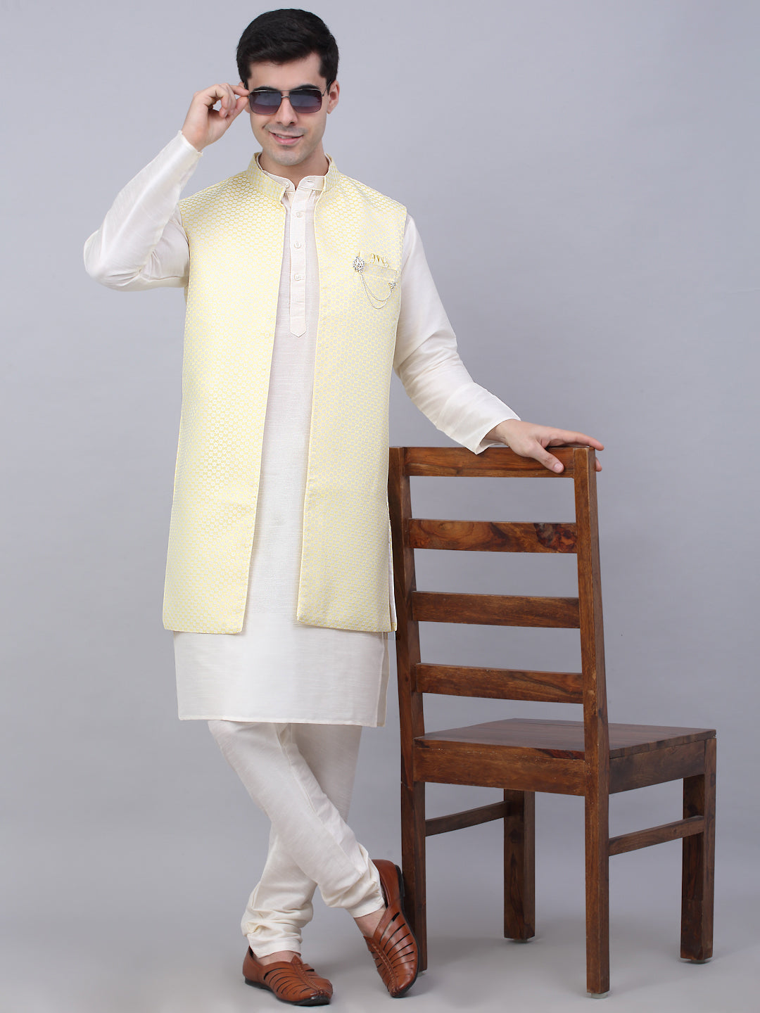 Jompers Men's Solid Kurta Pyjama With Shrug Jacket - Yellow