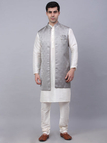 Jompers Men's Solid Kurta Pyjama With Shrug Jacket - Grey