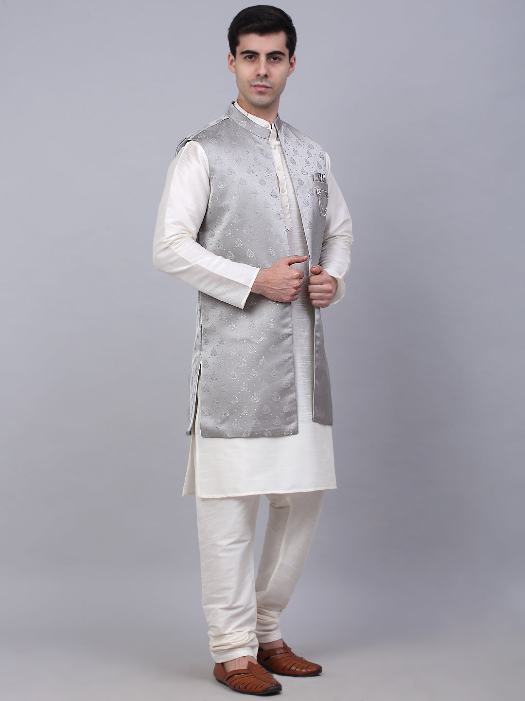 Jompers Men's Solid Kurta Pyjama With Shrug Jacket - Grey