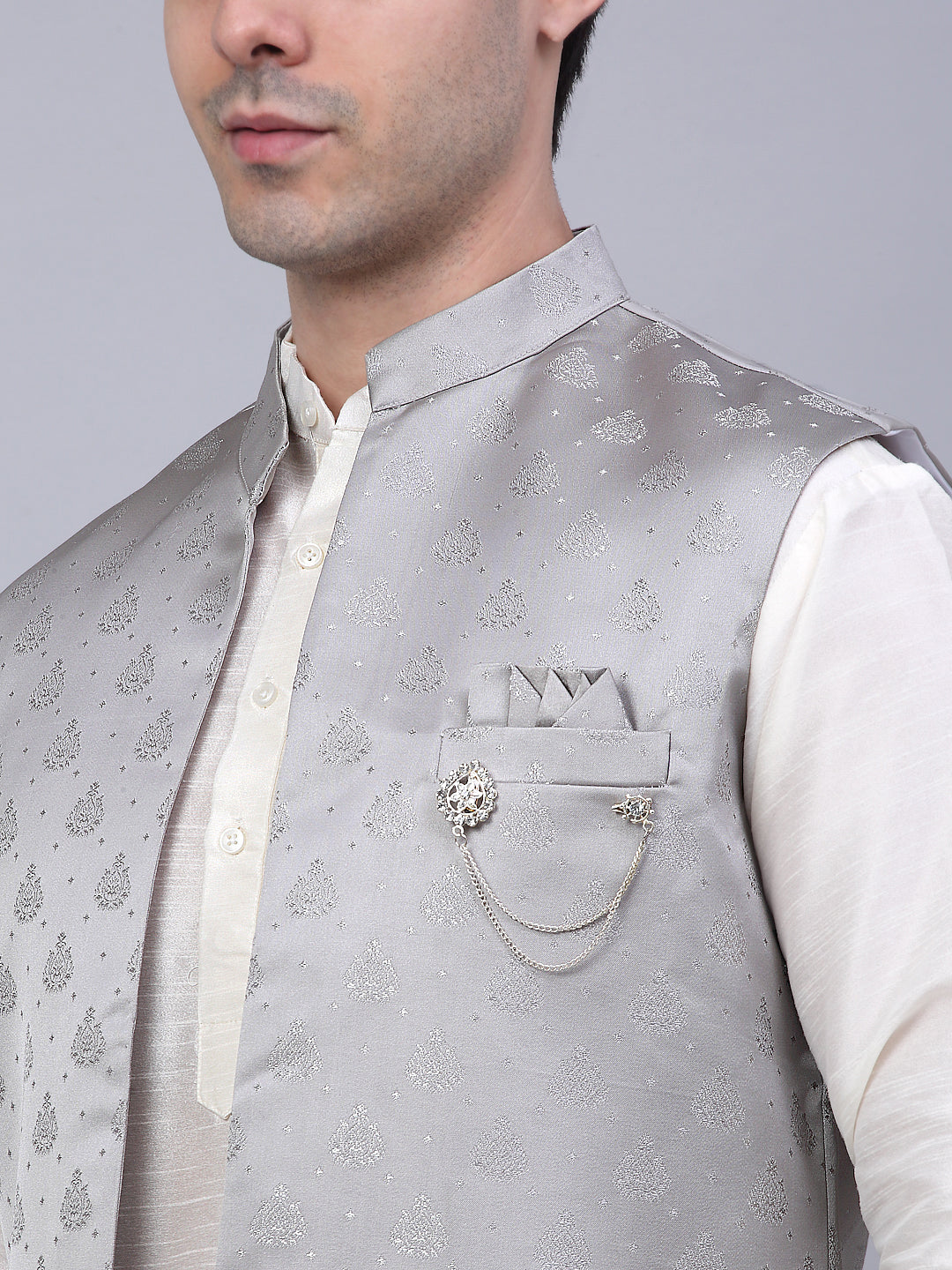 Jompers Men's Solid Kurta Pyjama With Shrug Jacket - Grey