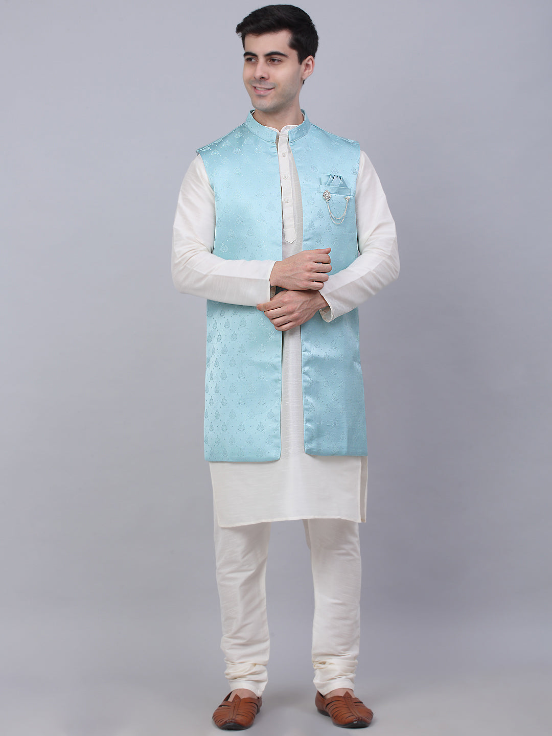 Jompers Men's Solid Kurta Pyjama With Shrug Jacket - Sky Blue