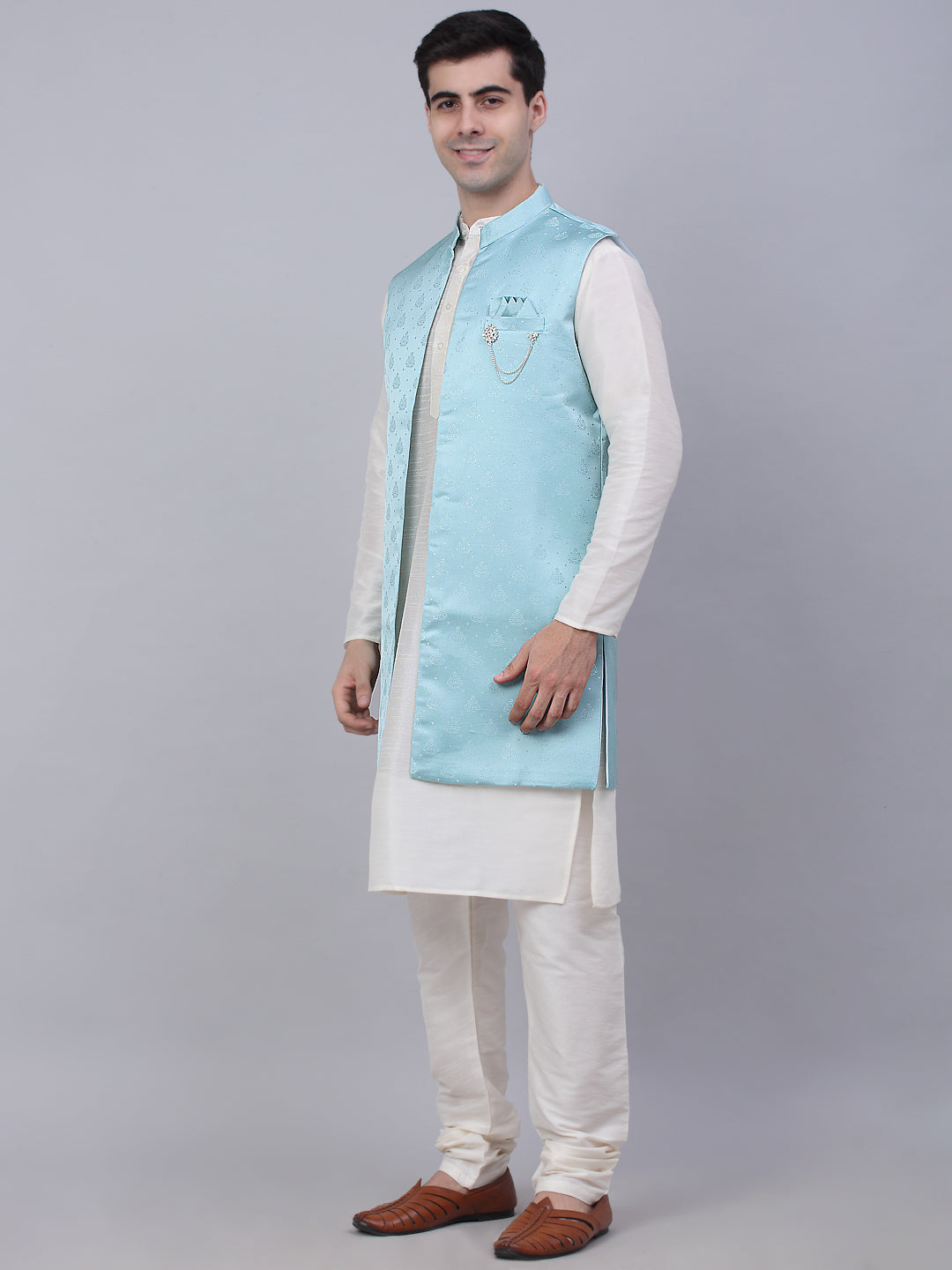 Jompers Men's Solid Kurta Pyjama With Shrug Jacket - Sky Blue