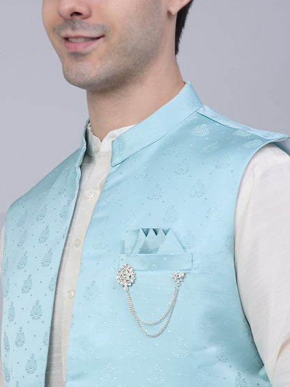 Jompers Men's Solid Kurta Pyjama With Shrug Jacket - Sky Blue