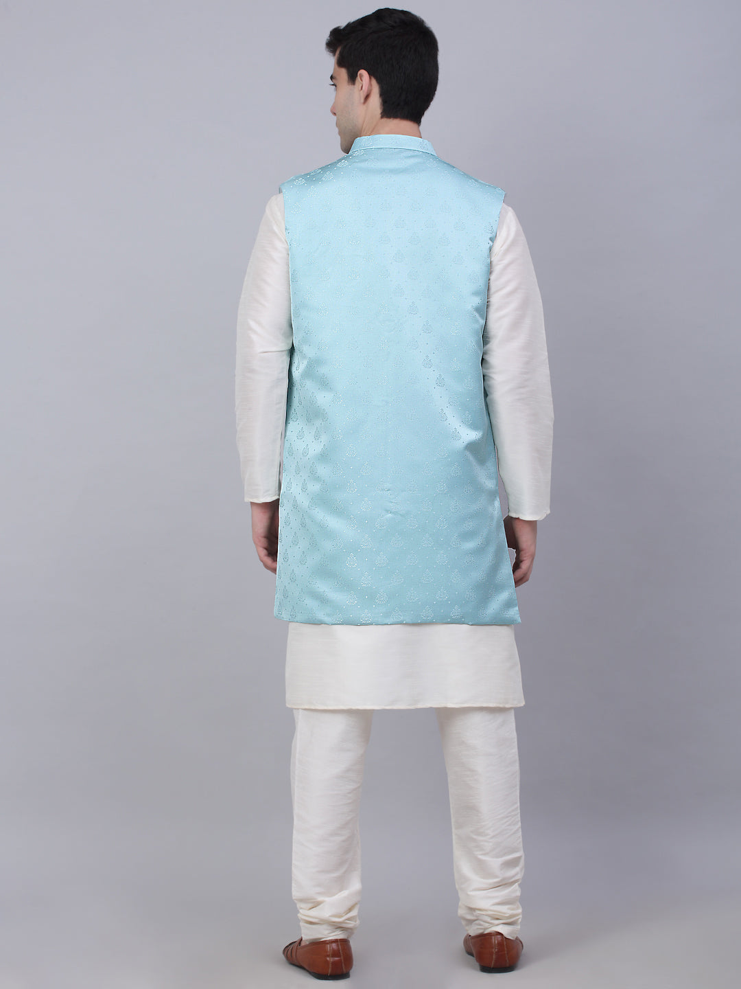 Jompers Men's Solid Kurta Pyjama With Shrug Jacket - Sky Blue