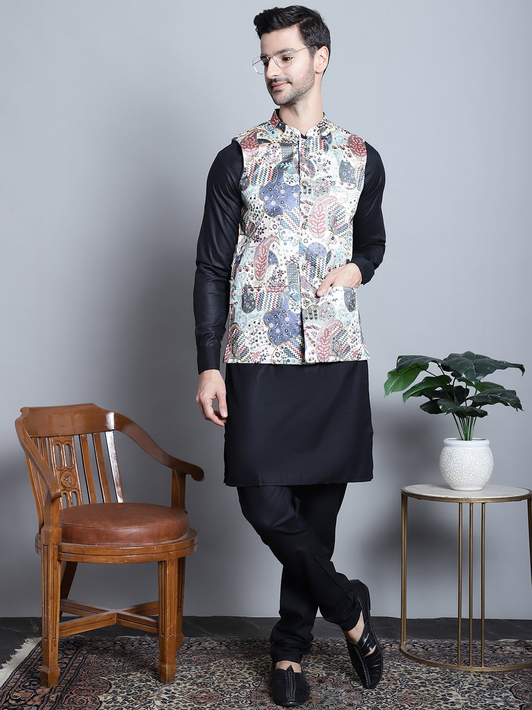 Jompers Men's Digital Print and Zari Work Nehru Jacket With Kurta Pyjama Set - Blue