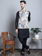 Jompers Men's Digital Print and Zari Work Nehru Jacket With Kurta Pyjama Set - Blue