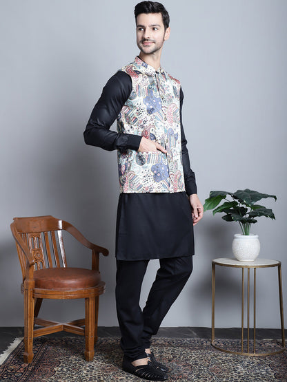 Jompers Men's Digital Print and Zari Work Nehru Jacket With Kurta Pyjama Set - Blue