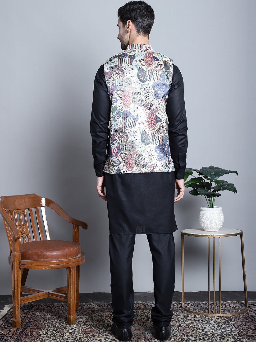 Jompers Men's Digital Print and Zari Work Nehru Jacket With Kurta Pyjama Set - Blue
