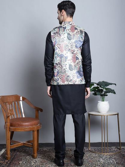 Jompers Men's Digital Print and Zari Work Nehru Jacket With Kurta Pyjama Set - Blue