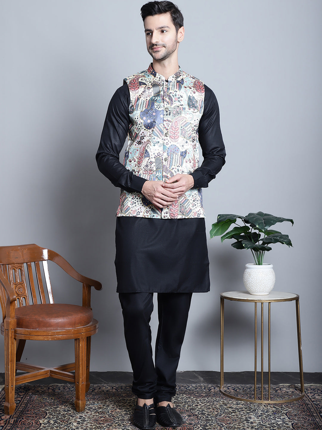 Jompers Men's Digital Print and Zari Work Nehru Jacket With Kurta Pyjama Set - Blue