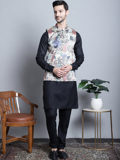 Jompers Men's Digital Print and Zari Work Nehru Jacket With Kurta Pyjama Set - Blue
