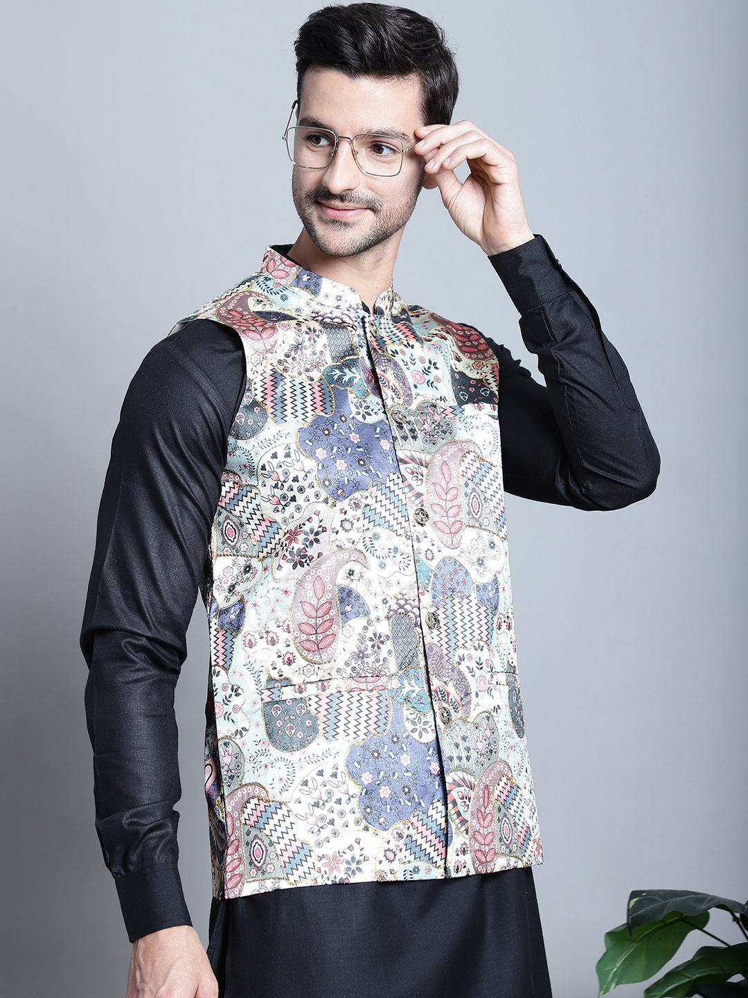 Jompers Men's Digital Print and Zari Work Nehru Jacket With Kurta Pyjama Set - Blue