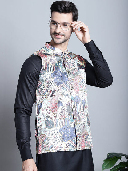 Jompers Men's Digital Print and Zari Work Nehru Jacket With Kurta Pyjama Set - Blue