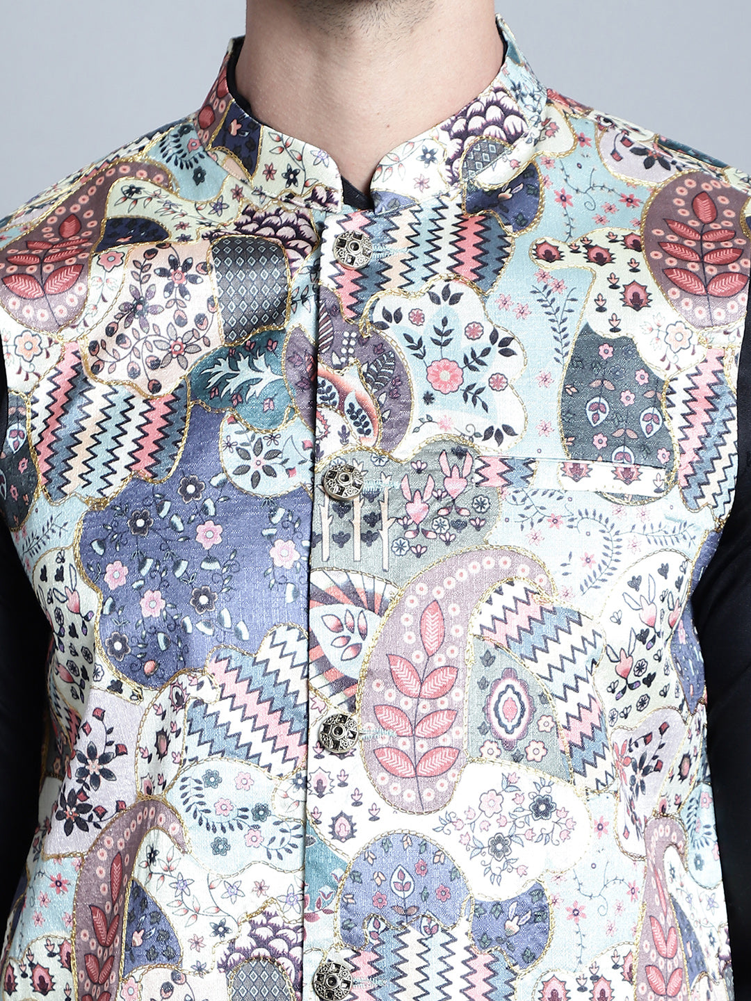 Jompers Men's Digital Print and Zari Work Nehru Jacket With Kurta Pyjama Set - Blue