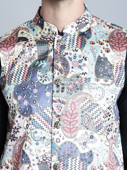 Jompers Men's Digital Print and Zari Work Nehru Jacket With Kurta Pyjama Set - Blue