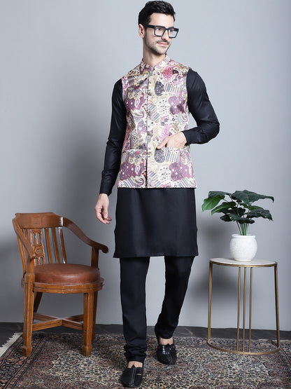 Jompers Men's Digital Print and Zari Work Nehru Jacket With Kurta Pyjama Set - Purple
