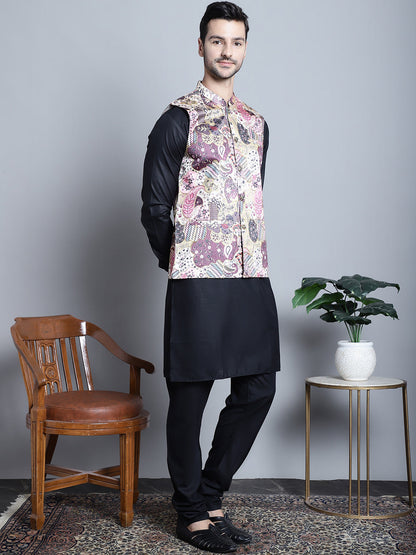 Jompers Men's Digital Print and Zari Work Nehru Jacket With Kurta Pyjama Set - Purple