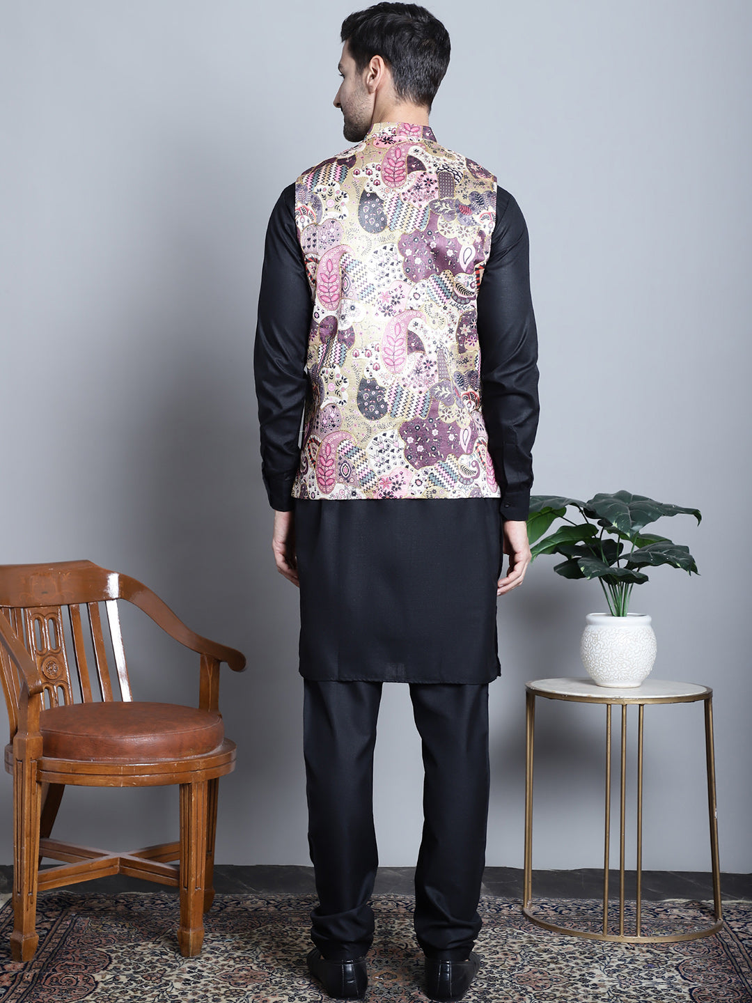 Jompers Men's Digital Print and Zari Work Nehru Jacket With Kurta Pyjama Set - Purple