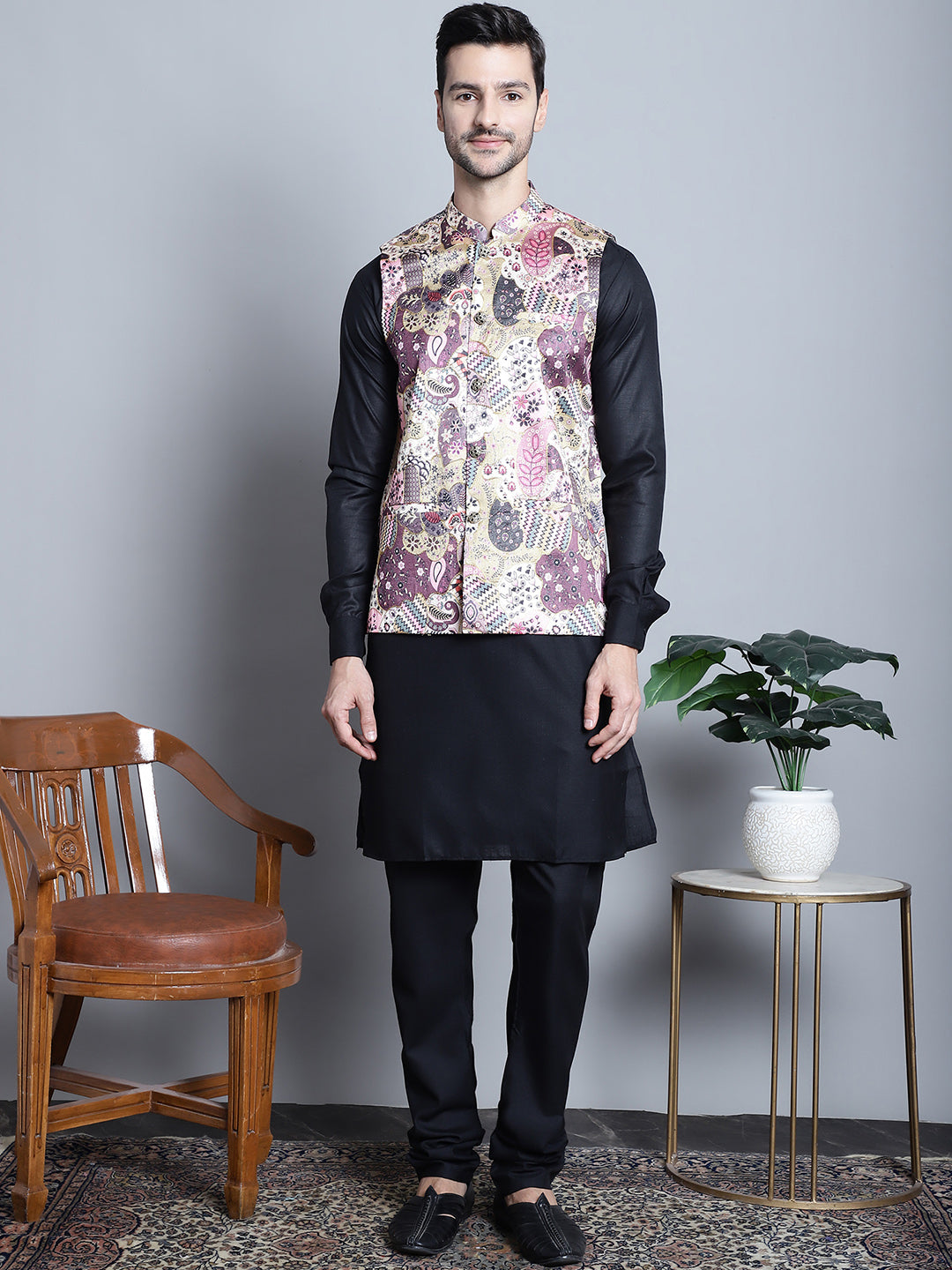 Jompers Men's Digital Print and Zari Work Nehru Jacket With Kurta Pyjama Set - Purple