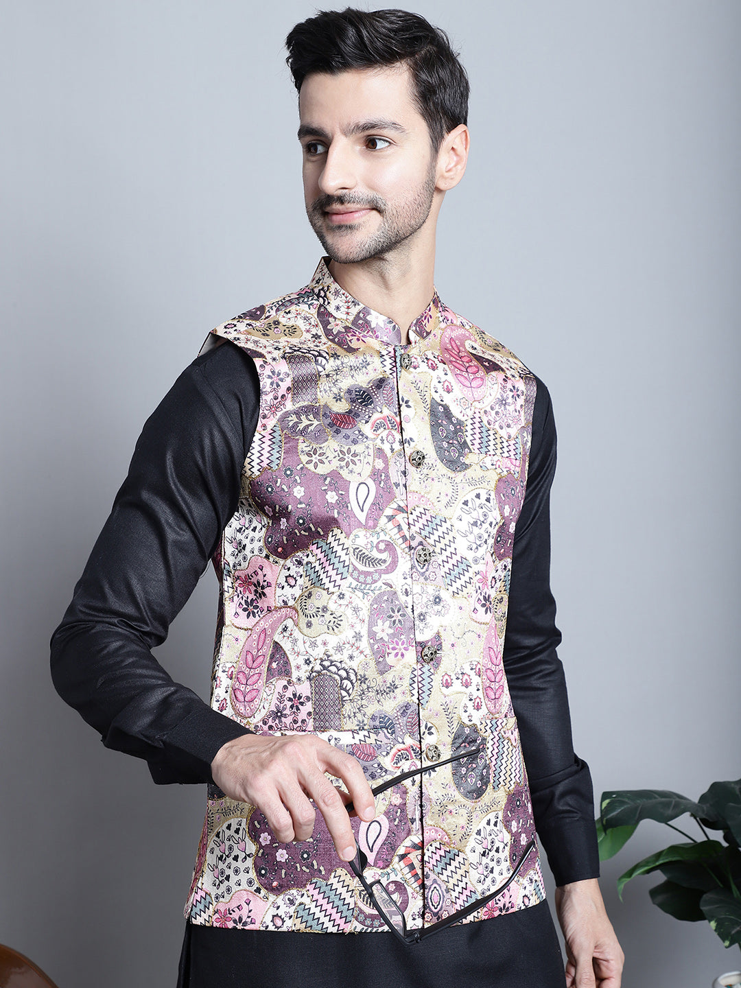 Jompers Men's Digital Print and Zari Work Nehru Jacket With Kurta Pyjama Set - Purple