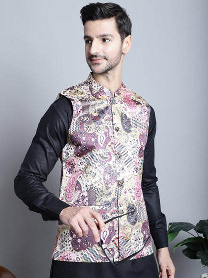 Jompers Men's Digital Print and Zari Work Nehru Jacket With Kurta Pyjama Set - Purple