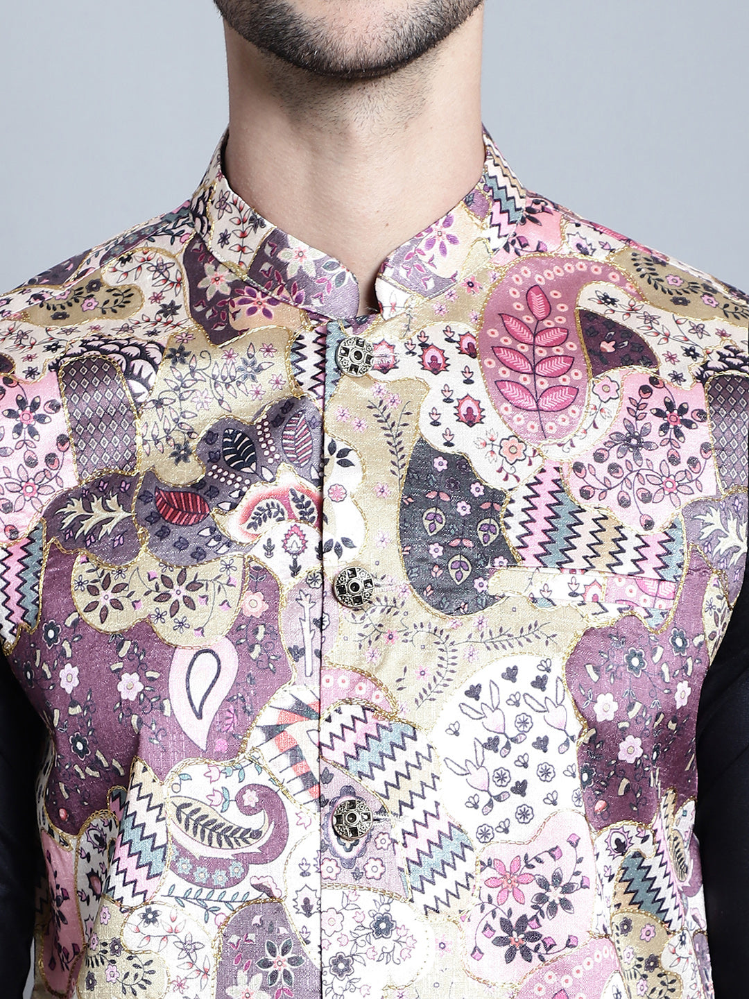 Jompers Men's Digital Print and Zari Work Nehru Jacket With Kurta Pyjama Set - Purple