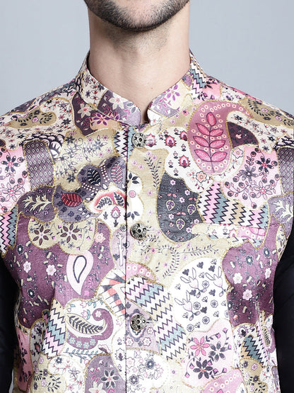 Jompers Men's Digital Print and Zari Work Nehru Jacket With Kurta Pyjama Set - Purple