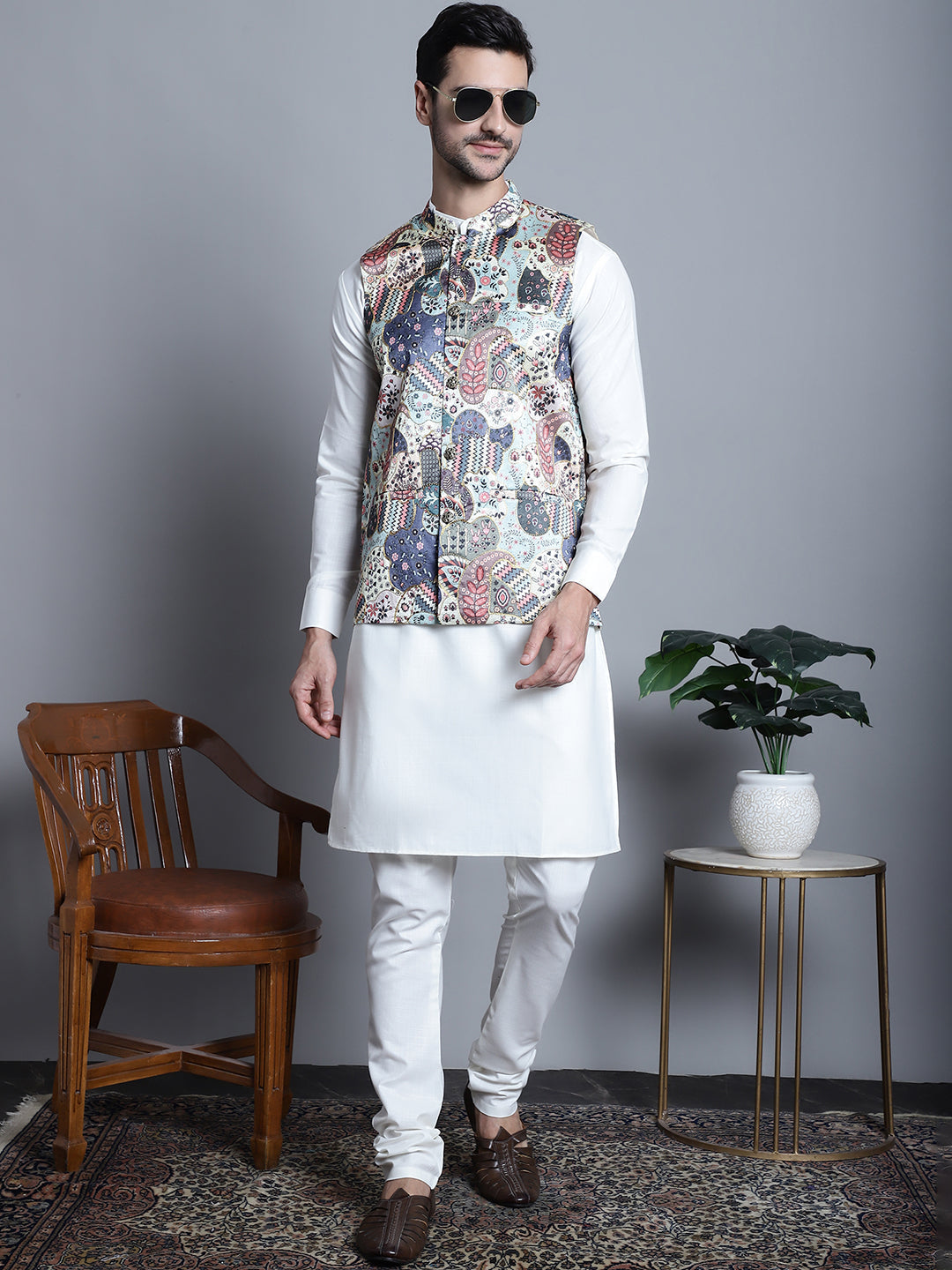Jompers Men's Digital Print and Zari Work Nehru Jacket With Kurta Pyjama Set - Blue