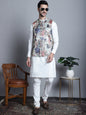 Jompers Men's Digital Print and Zari Work Nehru Jacket With Kurta Pyjama Set - Blue