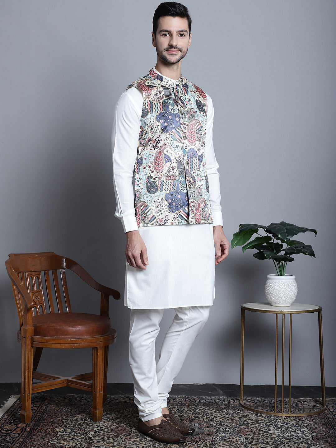 Jompers Men's Digital Print and Zari Work Nehru Jacket With Kurta Pyjama Set - Blue