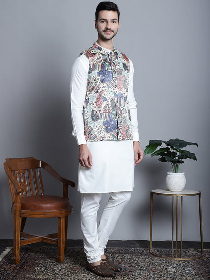 Jompers Men's Digital Print and Zari Work Nehru Jacket With Kurta Pyjama Set - Blue