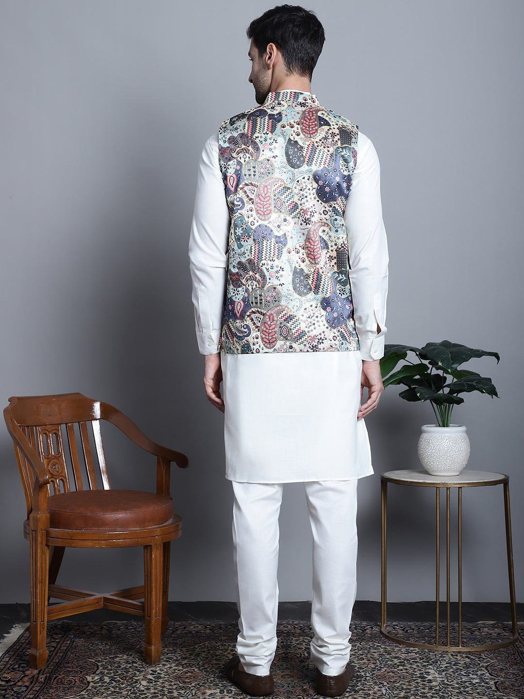 Jompers Men's Digital Print and Zari Work Nehru Jacket With Kurta Pyjama Set - Blue