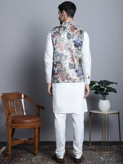 Jompers Men's Digital Print and Zari Work Nehru Jacket With Kurta Pyjama Set - Blue