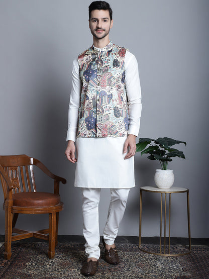Jompers Men's Digital Print and Zari Work Nehru Jacket With Kurta Pyjama Set - Blue