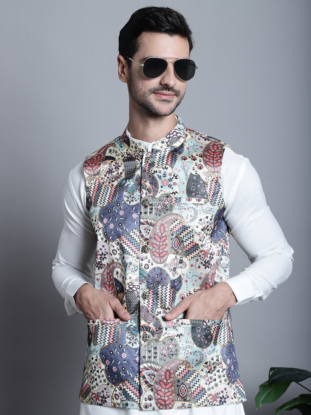 Jompers Men's Digital Print and Zari Work Nehru Jacket With Kurta Pyjama Set - Blue