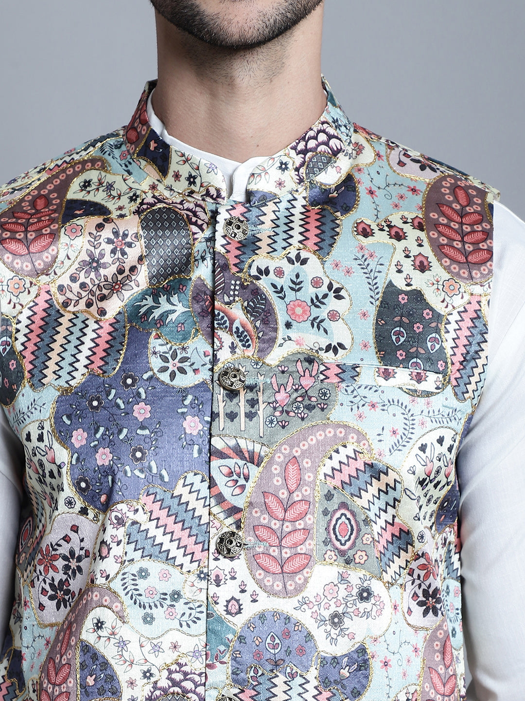 Jompers Men's Digital Print and Zari Work Nehru Jacket With Kurta Pyjama Set - Blue