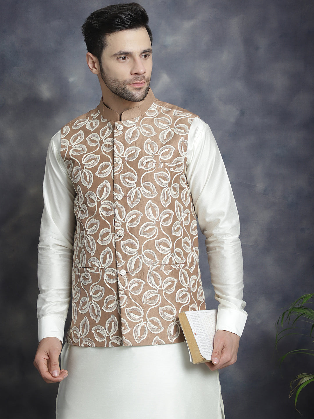 Jompers Men's Embroidred Nehru Jacket With Solid Kurta Pyjama - Brown