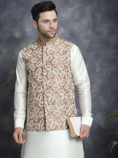 Jompers Men's Embroidred Nehru Jacket With Solid Kurta Pyjama - Brown