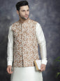 Jompers Men's Embroidred Nehru Jacket With Solid Kurta Pyjama - Brown