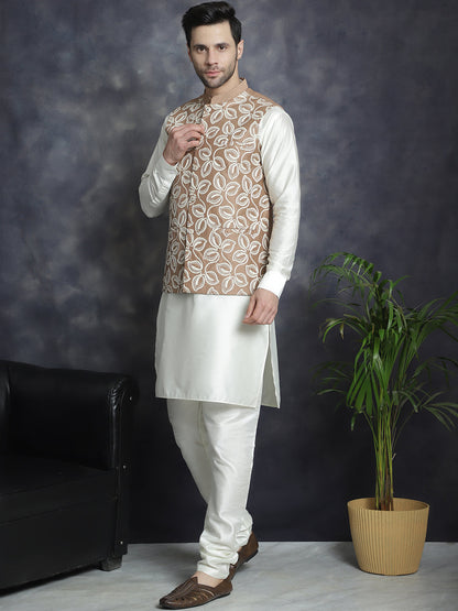 Jompers Men's Embroidred Nehru Jacket With Solid Kurta Pyjama - Brown
