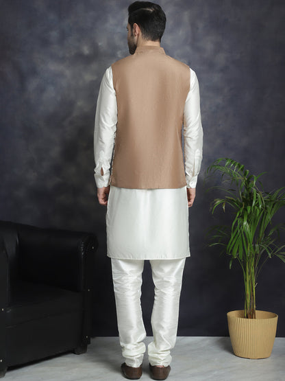 Jompers Men's Embroidred Nehru Jacket With Solid Kurta Pyjama - Brown