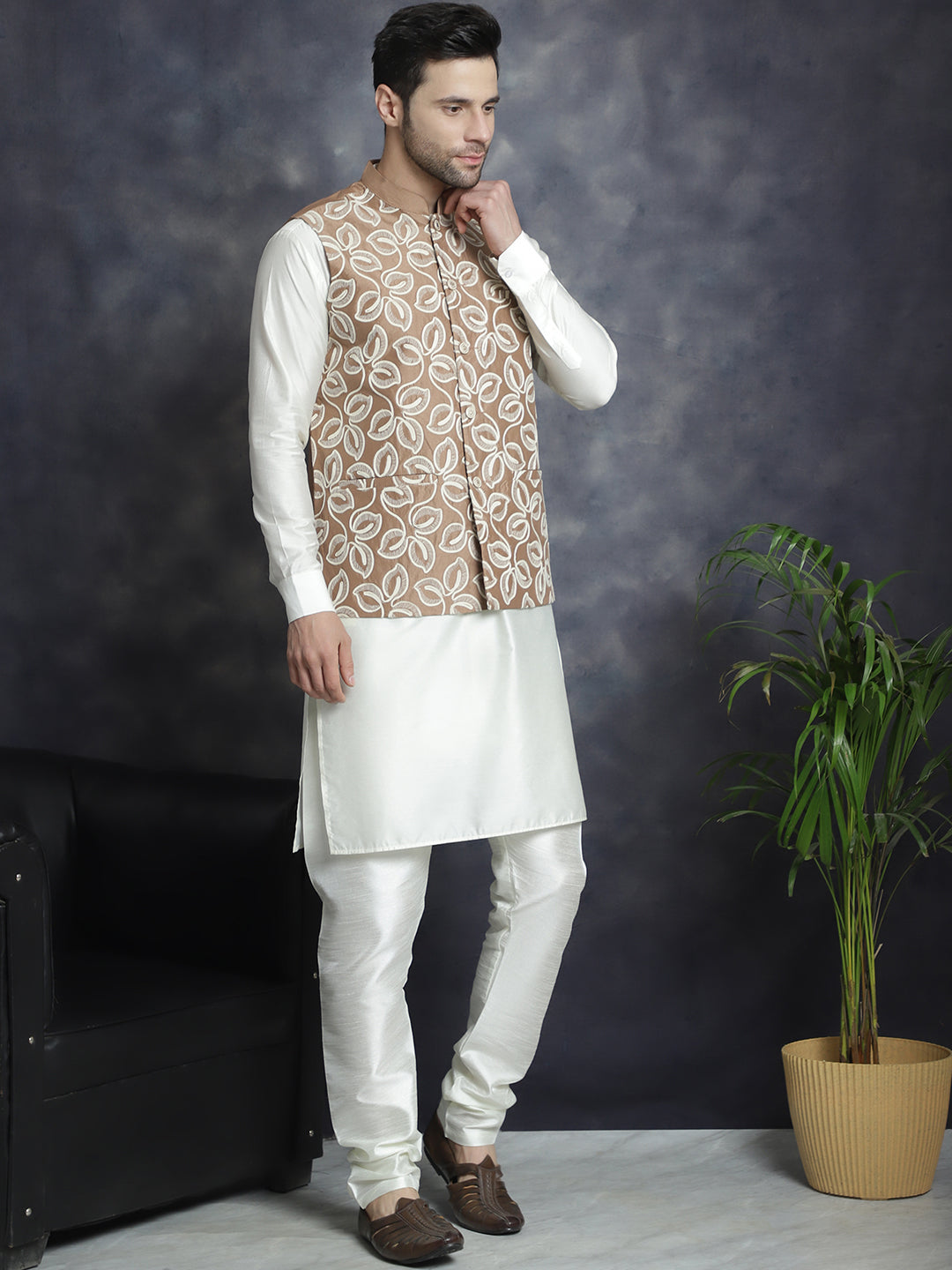 Jompers Men's Embroidred Nehru Jacket With Solid Kurta Pyjama - Brown